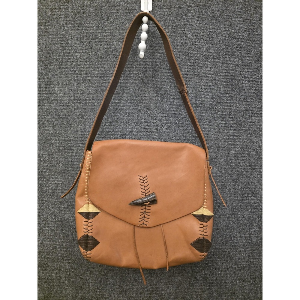 Y2K Lucky Brand Shoulder Bag Medium Brown Leather Geometric Whipstitch Rare